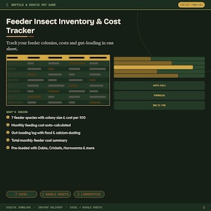 May include: A digital spreadsheet titled "Feeder Insect Inventory & Cost Tracker" for reptile and exotic pet care. The dark green layout includes a table, charts, and text detailing features like colony size, feeding costs, and gut-loading logs. Includes options for Excel, Google Sheets, and LibreOffice.
