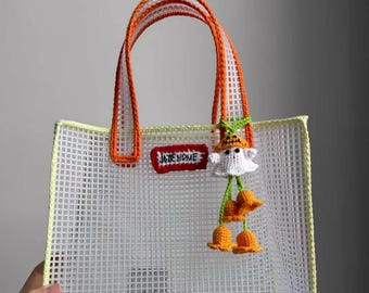 Boho Clear Mesh Crochet Tote Bag, Handmade Summer Beach Grid Bag, Vacation Woven Handbag