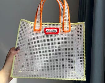 Borsa tote in maglia trasparente stile boho, borsa estiva da spiaggia fatta a mano, borsa a mano intrecciata per le vacanze