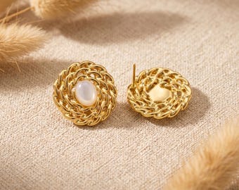 Woven Mother of Pearl Stud Earrings,Vintage Gold Twisted Studs,Chunky Silver Braided Earrings,Statement Jewelry,Bridesmaid Gift,gift for her