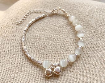 Moonstone Beaded Bracelet,Dainty Bell Charm,Cats Eye Stone Jewelry,Silver Square Bead Bracelet,Fairy Jewelry,Birthday Gift for Bestie