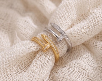 Pave Nail Wrap Ring,CZ Diamond Adjustable Ring, Gold Silver Twisted Ring, Edgy Statement Jewelry Gift for Her,Sparkling Cubic Zirconia Ring