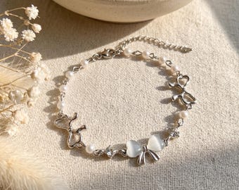 Coquette Bow Bracelet, Pearl Bowknot Jewelry,Silver Ribbon Bracelet,Cats Eye Stone Jewelry,Teen Girl Gift,Cute Y2K Accessories