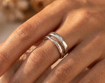 Minimalist Double Band Ring,Adjustable Open Ring,Chunky Gold Ring,Silver Wave Ring, Irregular Organic Ring,Modern Jewelry Gift,wedding rings