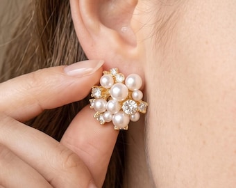 Vintage Pearl Cluster Stud Earrings,18K Gold Crystal Cluster Studs, 925 Sterling Silver Pin,Hypoallergenic Vintage Jewelry, Anniversary Gift