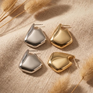 Könnte beinhalten: Vier Ohrringe, zwei silberne und zwei goldene, werden auf einem beigen Stoff präsentiert. Die Ohrringe haben eine einzigartige, geometrische Form mit einem Steckerverschluss. Getrocknete Weizenähren befinden sich im Hintergrund.
