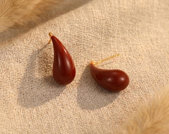 Burgundy Teardrop Earrings,Chunky Dark Red Water Drop Studs,Enamel Drop Earrings,Minimalist Resin Jewelry,Retro Statement Studs,Gift for Her
