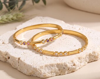 Dainty Stacking Gold Bangle with Cubic Zirconia, Elegant Geometric Cuff, Women Jewelry Gift, Mother Day Present,Valentine Gift,Gold Bracelet