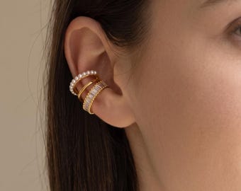 Orecchino a clip monostrato, senza piercing, con perle e zirconi, per la cartilagine, finto piercing in oro 18 carati, regalo per lei, proposta per damigella d'onore.