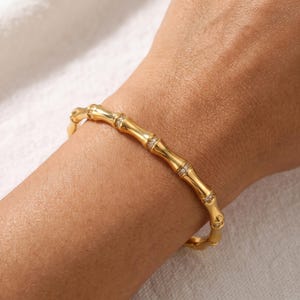 Op de afbeelding: Een goudkleurige armband ontworpen als een bamboestengel, met gesegmenteerde delen. Kleine, heldere, fonkelende steentjes zijn ingelegd bij elk gewricht van de bamboe-achtige segmenten, wat zorgt voor een gepolijste, metalen uitstraling.