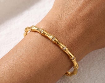 Retro Bamboo Gold Cuff Bangle, Elegant Pave Crystal Bracelet,Vintage Statement Jewelry,Birthday Gift for Her,Bridesmaid Gift,Wedding Jewelry