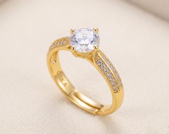 18K Gold Plated Solitaire Ring, Adjustable Engagement Ring, Promise Ring for Her,Bridal Jewelry,Dainty Gold Ring,Wedding Jewelry Gift