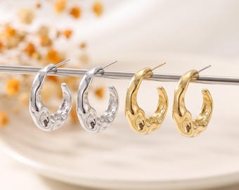 Organic Gold Hoops, Hammered Silver Earrings, Vintage Style Chunky Hoops, Wide Abstract Hoops, Everyday Thick Hoops, Bridesmaid Gift
