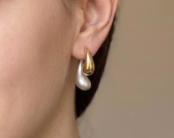 Mixed Metal Chunky Teardrop Studs,Sculptural Earrings,Bridal Jewelry,Modern Geometric Dangle Earrings,Unique Anniversary,925 Silver Post
