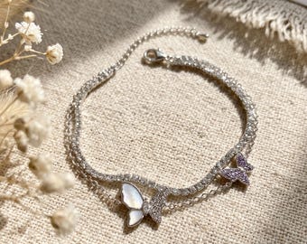 Dainty Butterfly Bracelet, Layered Tennis Bracelet, Sparkly Double Chain Bracelet,Butterfly Jewelry, Bridesmaid Gift,Statement Bracelet