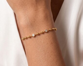 Dainty Gold Ball Station Bracelet with Cubic Zirconia, Layering Stacking Jewelry, Bridal Accessory, Bridesmaid Proposal Gift, Mom Gift
