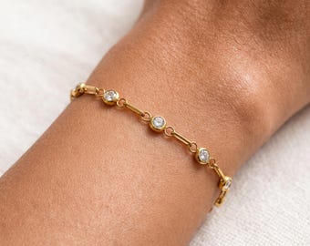 Bezel Set Zircon Bracelet,Adjustable Thin Gold Link BraceletDainty Crystal Chain Bracelet,Gold Jewelry,Sweetest Day Gift, Valentine Present