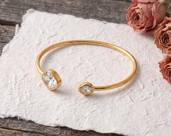 Toi et Moi Style Crystal Cuff, Delicate Gold Stacking Bangle, Adjustable Rhinestone Bracelet, Best Friend Gift, Meaningful Jewelry Present