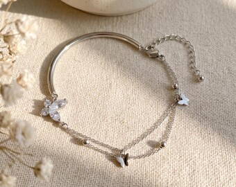 Silver Butterfly Bangle Bracelet,Double Layered Chain Bracelet, CZ Butterfly Charm,Silver Beaded Chain,Fairy Jewelry,Bridal Accessories
