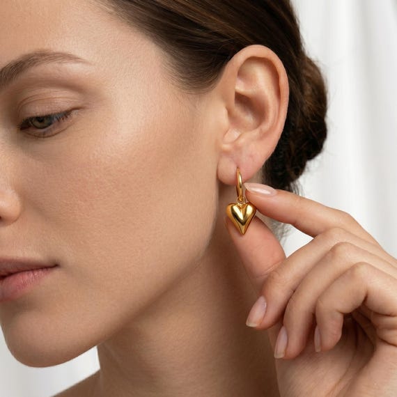 18K Gold Puffy Heart Hoop Earrings Minimalist Chunky Heart Jewelry