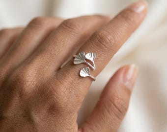 Ginkgo Leaf Ring, Adjustable Silver Ring,Best Friend Gift, Minimalist Wrap Ring, Mother's Day Gift,Japanese Style Ring, Everyday Jewelry