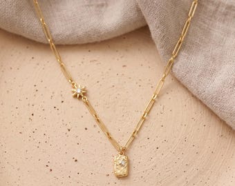 18K Gold Paperclip Chain Necklace,North Star Diamond Pendant,Bridesmaid Proposal,wedding Jewelry,Practical Gift for Her,Layering Choker,