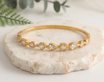 Waterproof Gold Bangle with Cubic Zirconia, Elegant Sparkly CZ Bracelet, Dainty Gold Cuff, Everyday Jewelry,Best Friend Gift,Bridesmaid Gift