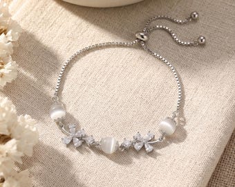 Silver Slider Bracelet, Cats Eye Stone Jewelry,Adjustable Box Chain Bracelet,Wedding Jewelry, Birthday Gift,Anniversary Gift,gift for mon