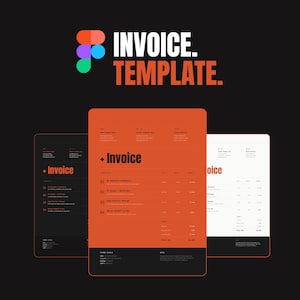 Puede incluir: Diseño de plantilla de factura con fondo negro. El diseño presenta tres ejemplos de facturas en naranja, negro y blanco. El texto "Invoice Template" se muestra en blanco y naranja. Un logotipo colorido está en la esquina superior izquierda.