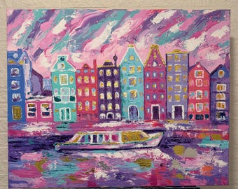 Amsterdam Canal Houses Impasto Painting, Colorful Netherlands Cityscape, Textured Wall Art