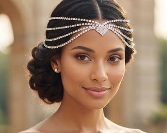 Crystal Forehead Chain Headpiece, Boho Goddess Head Jewelry, Rhinestone Hair Accessory for Wedding, Festival, Party and Performance Gift