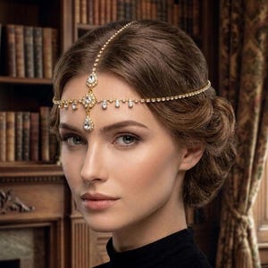 May include: A gold-toned headpiece featuring a delicate chain that encircles the head and extends to the center of the forehead. The design includes a central decorative element with clear, faceted crystals and a dangling teardrop-shaped stone.