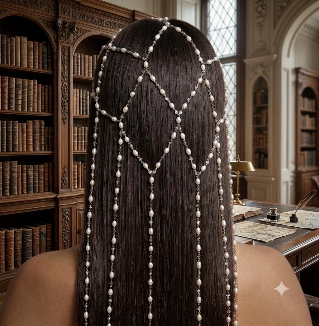 Pearl Hair Net Headpiece, Fairy Hair Veil, Boho Pearl Hair Chain, Elven Hair Jewelry for Wedding, Festival, Party and Photoshoot