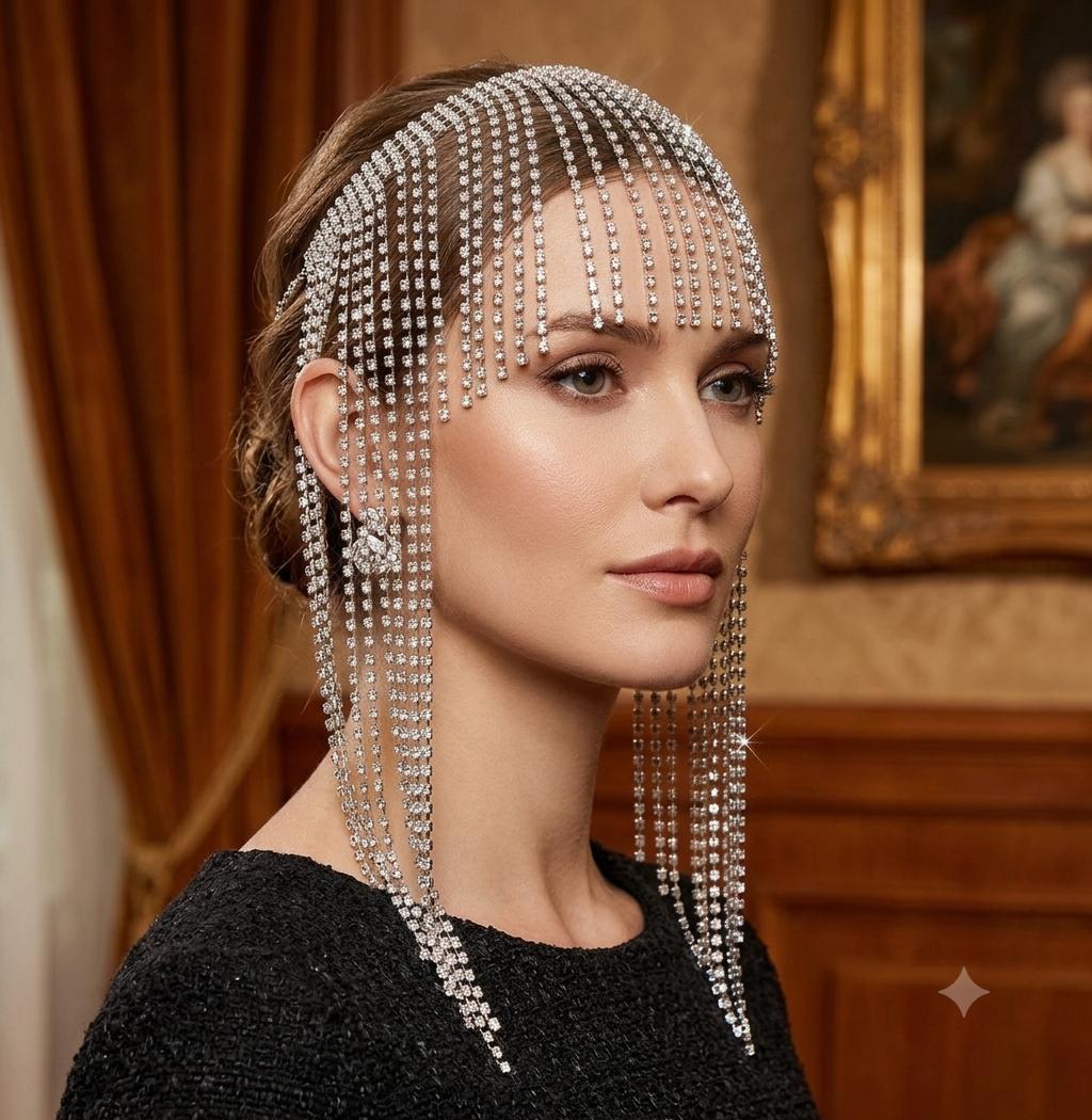 Crystal Fringe Headpiece, Rhinestone Face Chain Veil, Gatsby Head Chain, Statement Hair Jewelry for Party, Festival, Performance and Cosplay