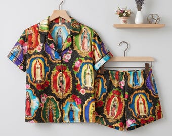 Onze-Lieve-Vrouw van Guadalupe-pyjamaset voor dames, bedrukte nachtkleding met korte mouwen en button-down, bijpassende loungewear-pyjama, grote maten pyjamabroek S-5XL