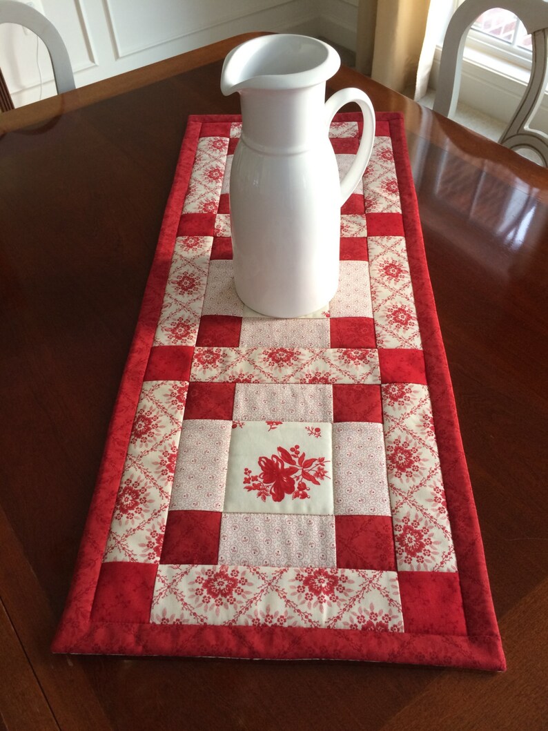 Red & Creamy White Quilted Table Runner Country French Etsy