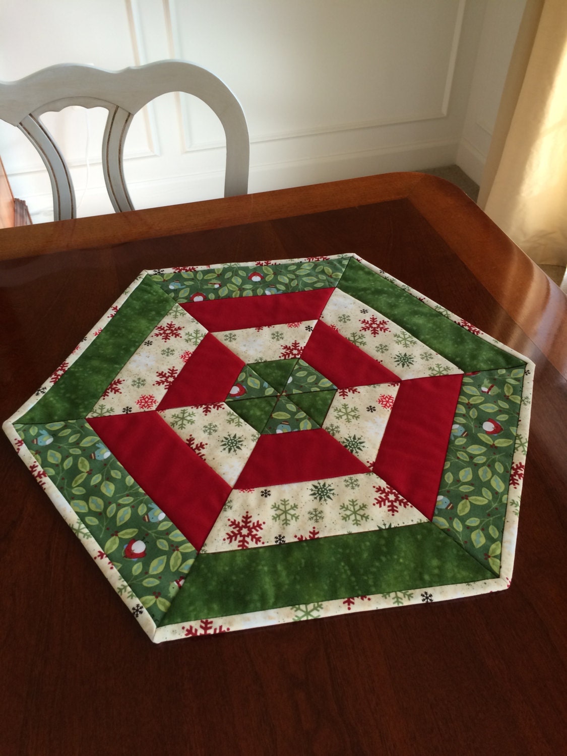 Christmas Red White & Green Quilted Hexagon Table Runner or Etsy