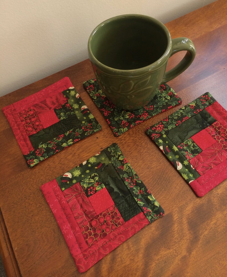 Christmas Quilted Log Cabin Coasters Red & Green reversible Etsy