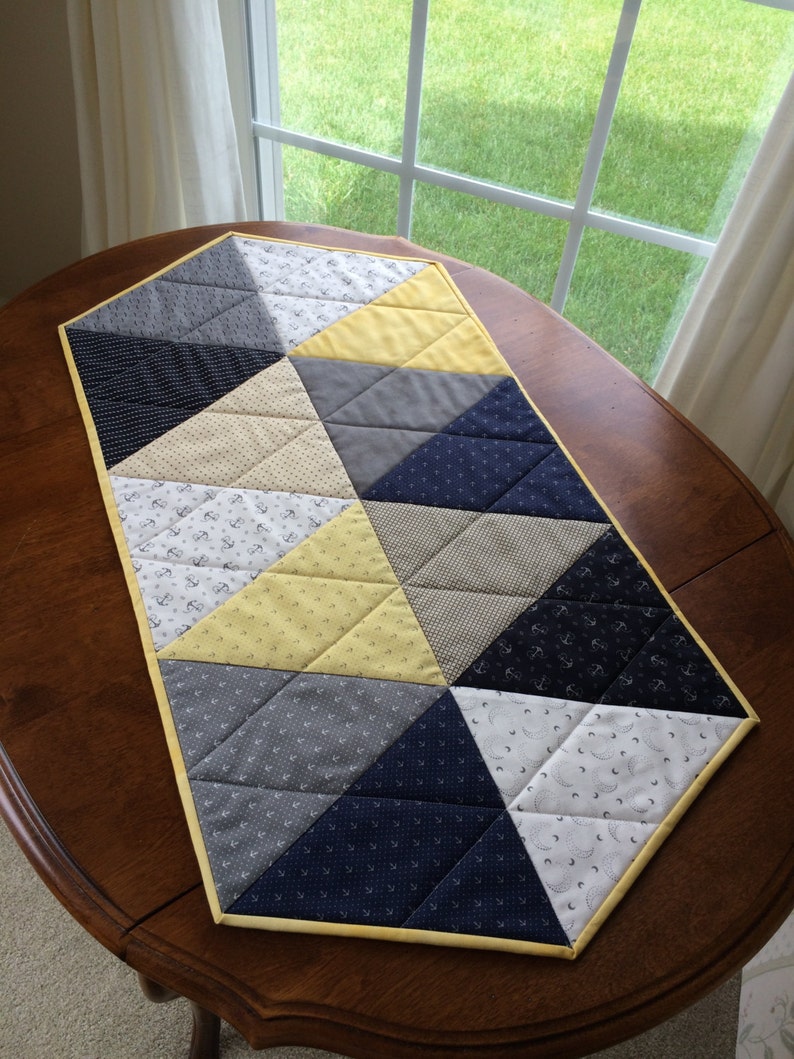 Nautical Quilted Table Runner Navy Blue Grey Yellow and Etsy