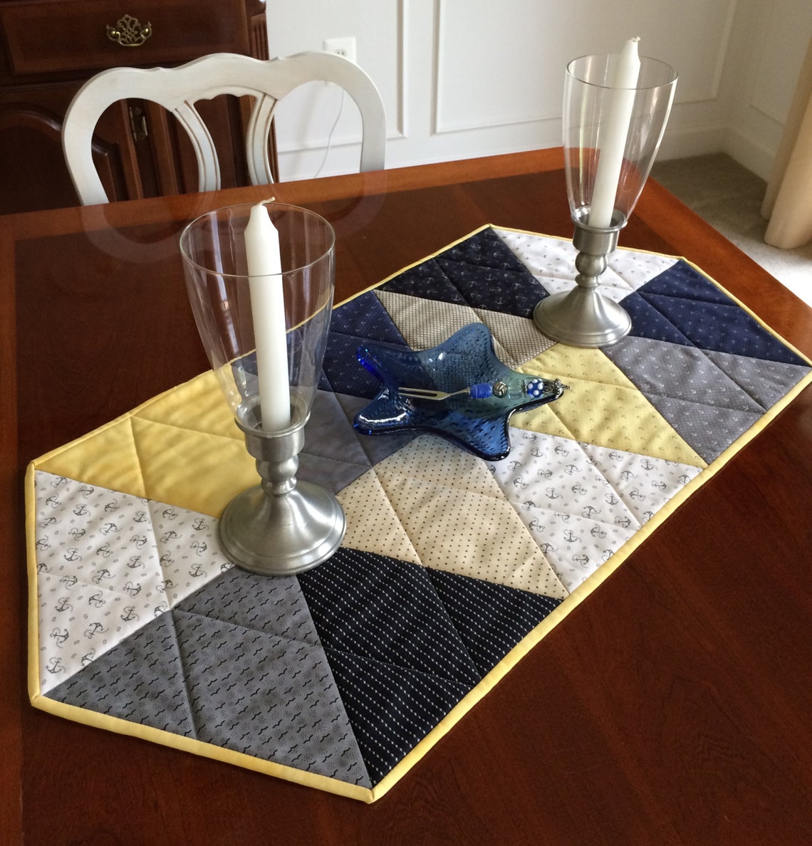 Nautical Quilted Table Runner Navy Blue Grey Yellow and Etsy