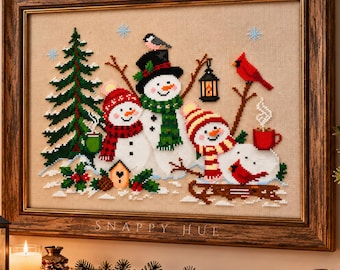 Christmas Snowman Family Cross Stitch Pattern, Funny snowman Winter Snowman PDF, Christmas Tree Stitching Pattern, Holiday Cross Stitch
