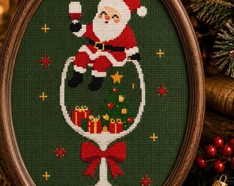 Santa Wine Glass Cross Stitch Pattern, Christmas Cross Stitch PDF, Cute Santa Christmas Tree Pattern, Holiday Embroidery Pattern