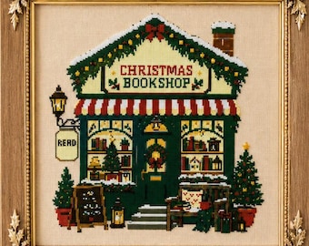 Christmas Bookshop Cross Stitch Pattern PDF, Cozy Holiday Book Store Embroidery Pattern, Festive Christmas Decor, Winter Cross Stitch