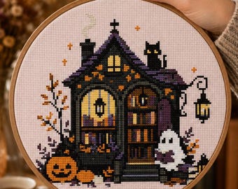 Haunted Bookshop Cross Stitch Pattern PDF, Halloween House Cross Stitch, Ghost Pumpkin Black Cat, Gothic Cottage,
