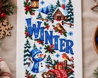 Banner Winter Cross Stitch Pattern, Cozy Snowman Log Cabin Hot Cocoa Skates, Christmas Winter Scene, Snowman Cabin PDF Digital Download