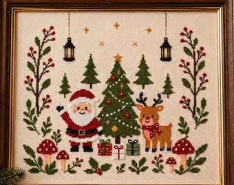 Christmas Cross Stitch Pattern PDF, Santa Claus & Reindeer Cross Stitch, Christmas Tree Sampler, Woodland Holiday Decor