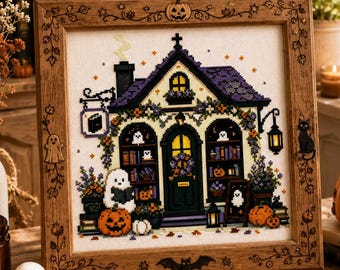 Ghost Bookshop Cross Stitch Pattern: Spooky Halloween Bookstore Cozy , Ghost Pumpkin Black Cat, Spooky Cottage Decor