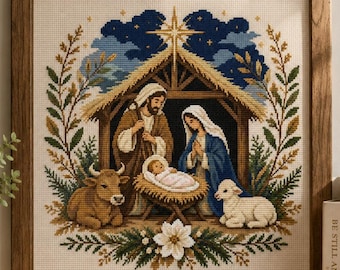 May include: A framed cross-stitch embroidery depicting a nativity scene with a central star, a stable, figures of a man and woman, a baby in a manger, a cow, and a lamb. The design is framed by green foliage and set against a dark blue night sky.