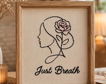 Just Breathe Cross Stitch Pattern | Minimal Woman & Rose Embroidery Design | Modern woman cross stitch Pattern