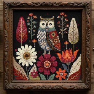 May include: Cross-stitch artwork of an owl surrounded by flowers and foliage in a wooden frame. The owl has a patterned design with shades of blue, red, and brown. The flowers are white, red, and orange, set against a black background. The frame is dark brown.